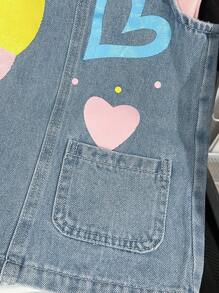 SHEIN Baby Girl Summer Fashion Heart Printed Denim Overall Dress And Cap Sleeve Top Casual Outfit Set - Pink - View 7
