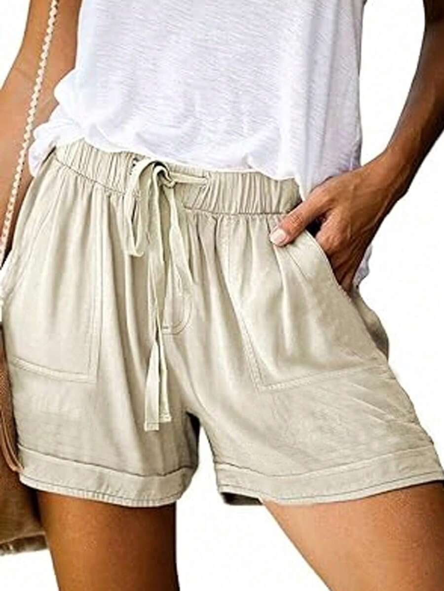 Solid Color Drawstring Waist Casual Shorts For Vacation - Khaki - View 1
