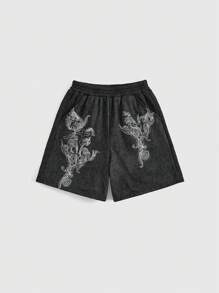 ROMWE Grunge Punk 女式復古荊棘十字印花鑲嵌破洞牛仔短褲，適用於夏季 - 黑色 - 查看 1