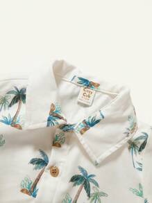 Cozy Pixies Baby Boy Coconut Tree Pattern Short Sleeve Lapel Cardigan Top Solid Color Casual Shorts 2pcs/Set