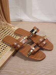 Sandálias Planas Casuais Femininas, Sapatos Confortáveis Slip-On, Primavera/Verão - Castanho - Visão 3