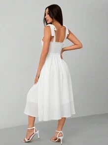 SHEIN PETITE 法式風格肩帶露肩連帶腰長裙，夏季假日裙裝 - 白色 - 查看 2