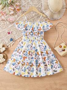 Young Girl's Woven Butterfly Pattern Off Shoulder Ruffle Hem Holiday Dress - White - View 1