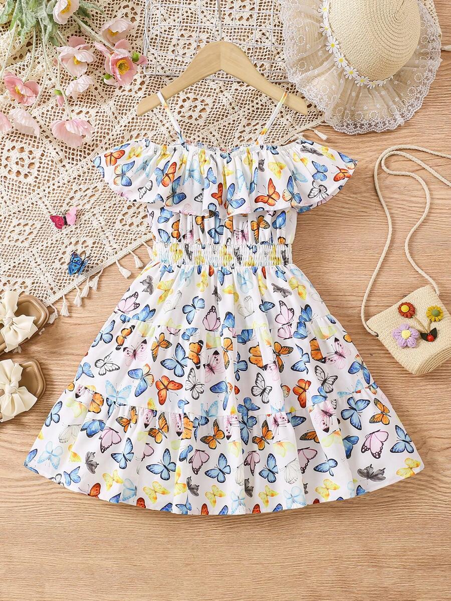 Young Girl's Woven Butterfly Pattern Off Shoulder Ruffle Hem Holiday Dress - White - View 1