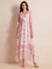 GENKIRA Random Square Print French Gentle Holiday Style Long Dress With V-Neck, Frill Trim And Bell Sleeves - Multicolor - View 5
