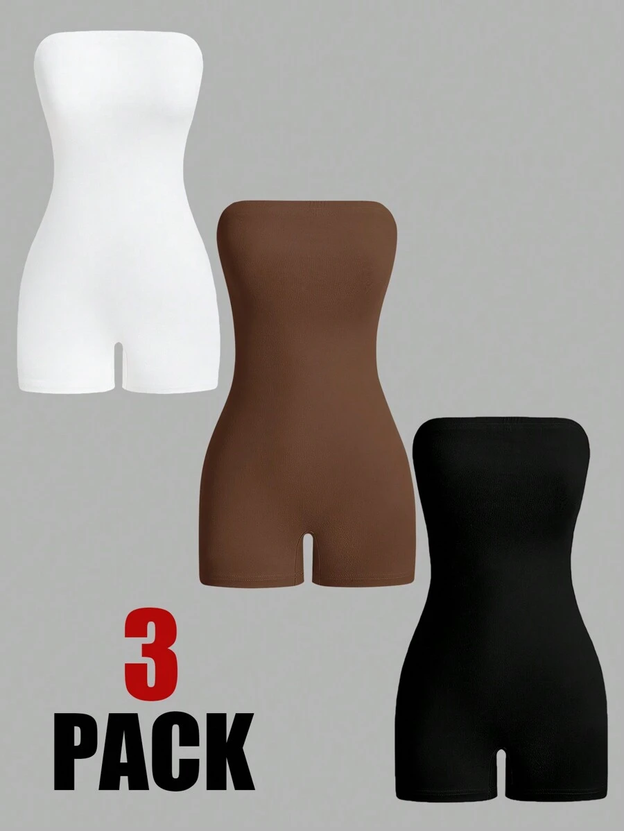 SHEIN EZwear 3pcs Solid Tube Unitard Romper - Multicolor - View 1