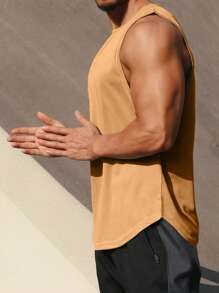 Manfinity Fitness 男友风格男士圆领纯色无袖简约运动户外休闲 T 恤 - 背心健身上衣健身房上衣透气 - 卡其色 - 查看 3