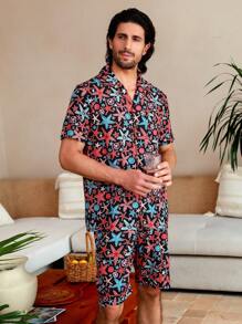 Manfinity ChillVibe Men Allover Print Casual Short Sleeve Shirt & Short PJ Set / Pajama Set - Multicolor - View 5