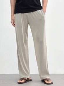 AKNOTIC Business Casual Pantalones casuales rectos de punto largo para hombre con cintura elástica y cordón, adecuados para uso diario en primavera y verano