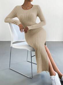 SHEIN Essnce Ladies' Plain And Simple Long Sleeve Daily Dress - Khaki - View 4