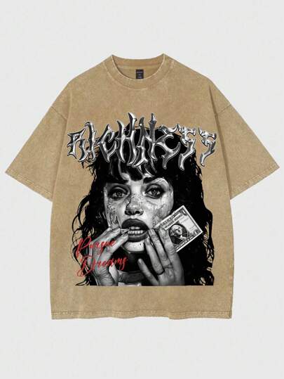 Street Life Maglietta estiva lavata e vissuta con stampa di ritratto retrò per uomo, adatta per la scuola