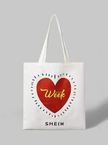 SHEIN 1入女士簡約心形印花購物袋，日常使用 - 白色 - 查看 1