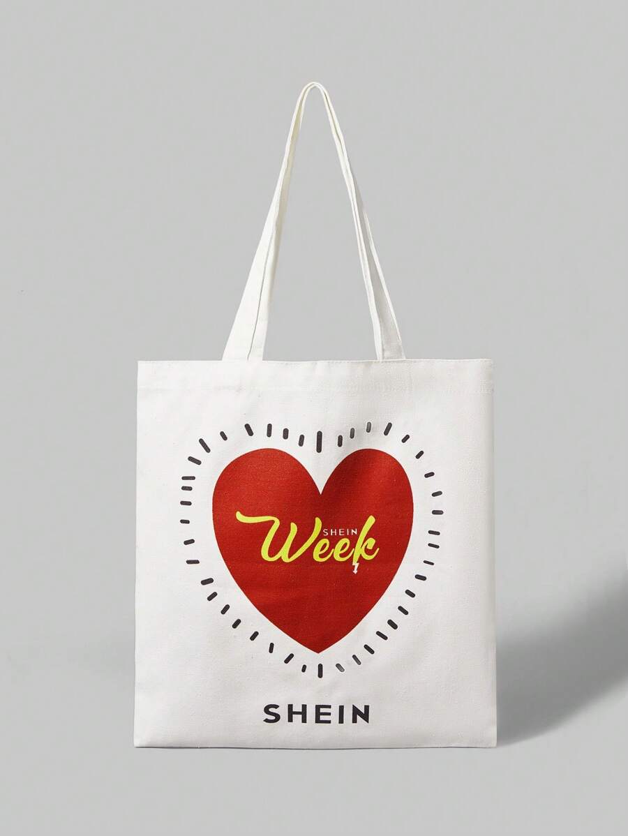 SHEIN 1入女士簡約心形印花購物袋，日常使用 - 白色 - 查看 1