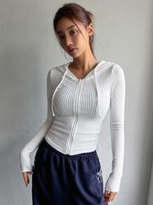 DAZY 女士连帽修身 T 恤，新款秋季系列女式夹克，秋季女装 - 白色 - 查看 3