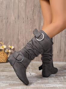 Bốt xám mới đến, cao đến giữa bắp chân, thoải mái và thư giãn hàng ngày dành cho nữ mùa thu/đông, có nếp gấp, khóa kéo bên hông, thắt lưng bản rộng, khóa lớn và đế phẳng - Xám - Xem 3