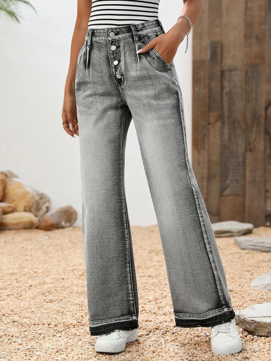 SHEIN LUNE 鈕扣直筒牛仔褲 - 灰色 - 查看 1