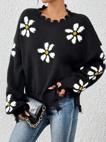 SHEIN LUNE Best-Selling Ripped Long Sleeve Loose Knitted Sweater With Small Flower Embellishment, Autumn/Winter New Arrivals - Black - View 1