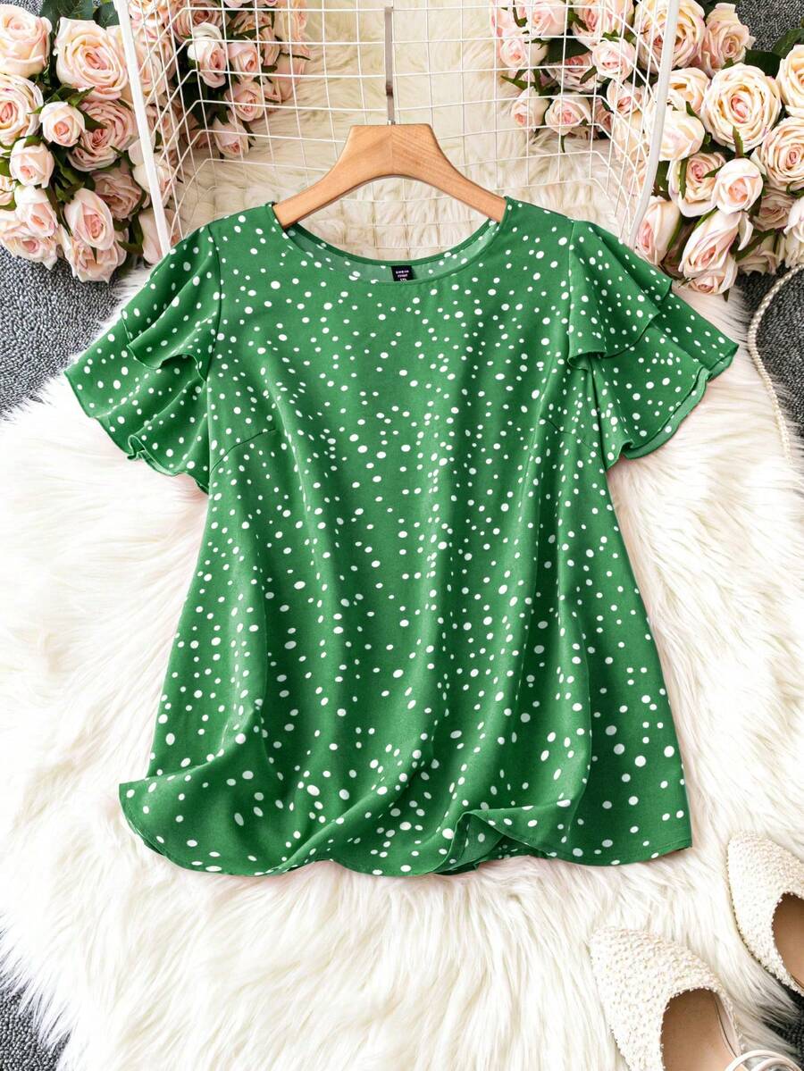 SHEIN LUNE 波點圓領蝴蝶袖上衣(大尺碼) - 綠色 - 查看 1