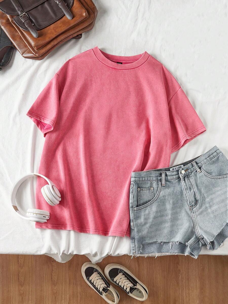 Comfortcana 情人节，加大码酸洗外观复古针织做旧宽松短袖 T 恤 - 玫紅色 - 查看 1