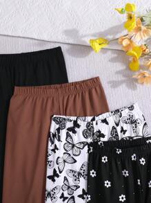 SHEIN طقم ليقنز للبنات المراهقات يتكون من 4 ليقنز بألوان صلبة من الصوف وليقنز بتصميم فراشة من الصوف - بني - مشاهدة 4