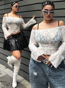 SHEIN MOOSTA Plus Size Off Vai Tay Dài Khoét Hở Áo Nữ - trắng - Xem 8
