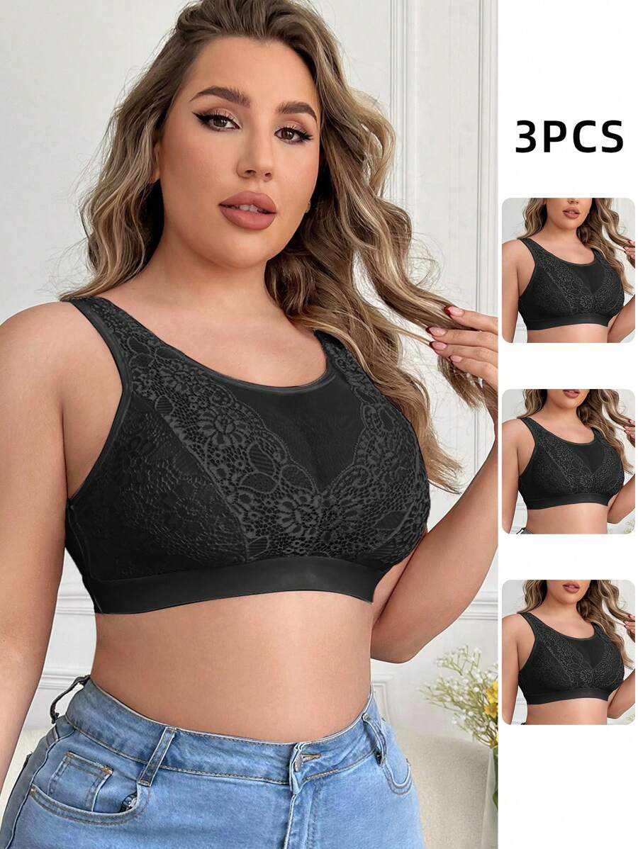 Wedaily 3pcs Plus Size Contrast Lace Bra Set, Lingerie - Black - View 1