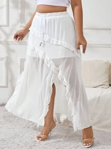 SHEIN Privé Plus Size Casual White Elastic Drawstring Waist Skirt With Split Hem And Ruffled Edges, Perfect For Everyday Wear And Summer Vacation Outfits - White - View 1
