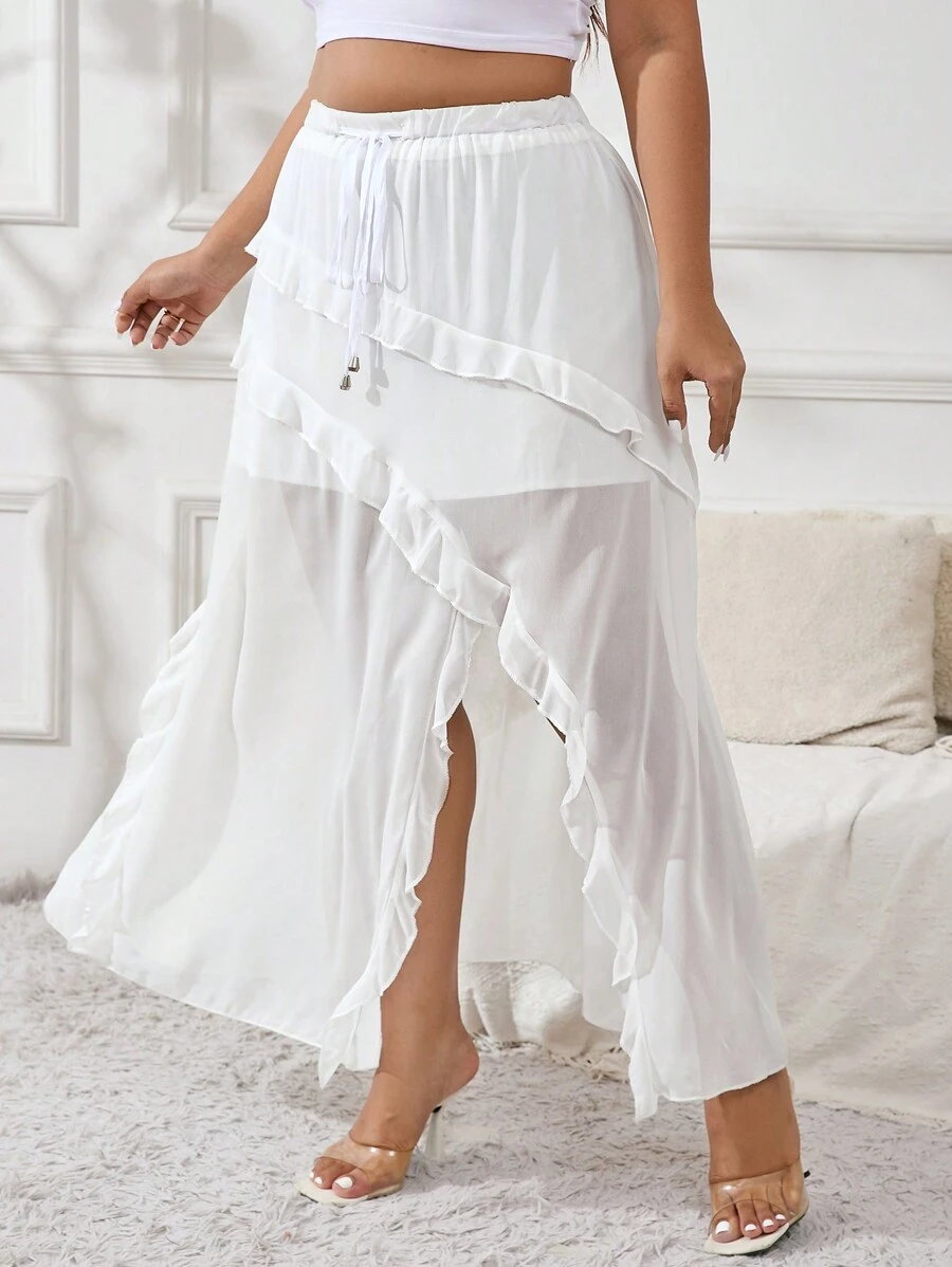 SHEIN Privé Plus Size Casual White Elastic Drawstring Waist Skirt With Split Hem And Ruffled Edges, Perfect For Everyday Wear And Summer Vacation Outfits - White - View 1