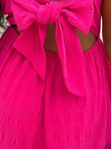 SHEIN 適用於春夏季的青少女假期休閒紋理純色荷葉邊後綁蝴蝶結連衣裙