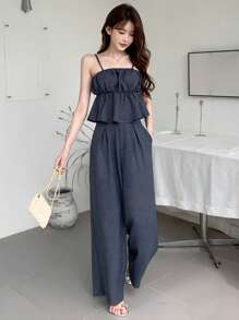 DAZY Bộ áo hai dây đơn giản màu trơn và quần dài cho nữ, mặc hàng ngày 2 món, nhún bèo - Màu xanh lam - Xem 8