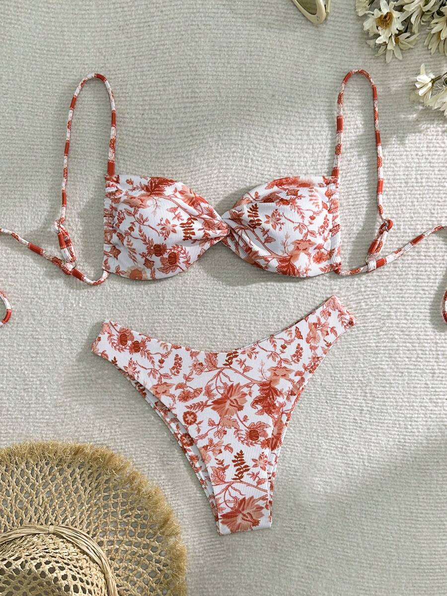 Swim Vcay 女性夏季海灘花卉印花比基尼套裝,扭結上衣和下褲,隨機印花 - 紅色 - 查看 1