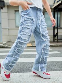 Tween Boy Light Wash Blue Embroidered Patchwork Frayed Hem Straight Leg Fashionable Casual Jeans - Light Wash - View 8