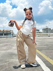 SHEIN Girlism 2pcs Tween Girls' Ribbed Ruched Short Sleeve T-Shirt And Casual Pocket Pants Set, Back To School Outfit - Khaki - View 6