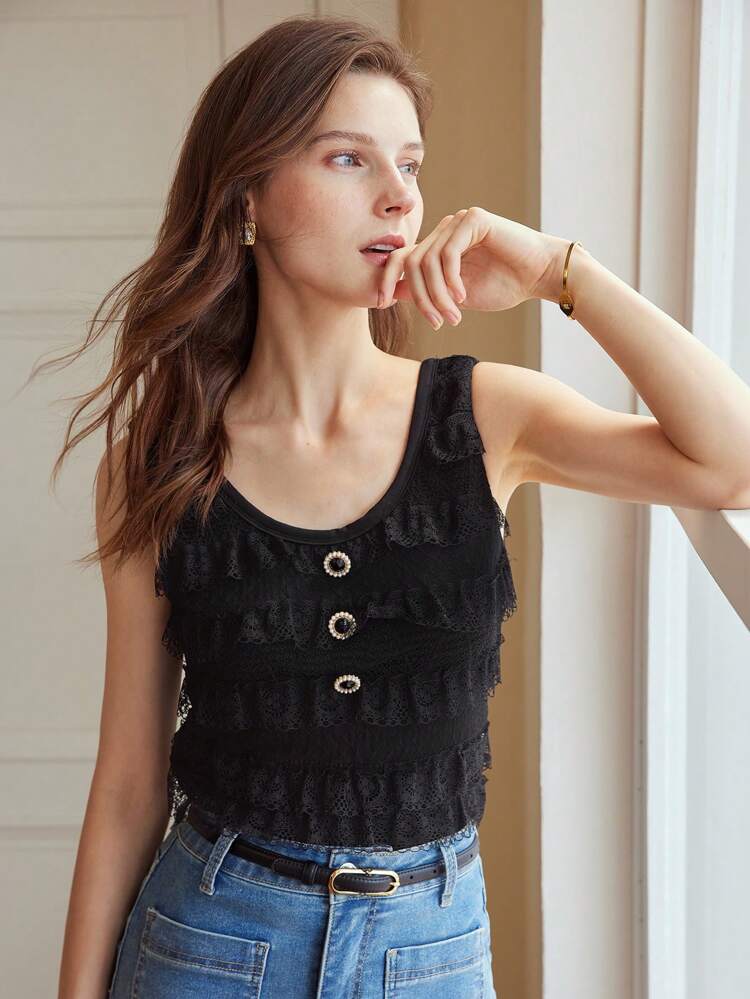 CONTRAST LACE RUFFLE TRIM TANK TOP