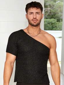 Manfinity Fever City 男士骄傲夏季时尚不对称领短袖针织上衣配闪光 - 銀色 - 查看 4