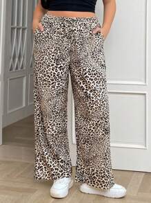 SHEIN EZwear Plus Size Women's Leopard Print Wide Leg Woven Fabric Casual Daily Commute Fashionable High Waisted Loose Pants With Pockets - Multicolor - View 1