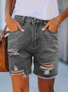 Women High-Waisted Frayed Edge Ripped Straight-Leg Denim Shorts - Grey - View 1