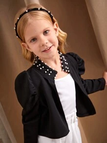 SHEIN Young Girls Elegant Stand Collar Jacket With Beaded Decoration And Leg-Of-Mutton Sleeve, Spring & Autumn - Black - View 4