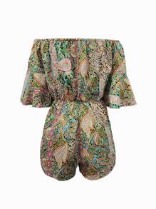 SHEIN LUNE Mono retro de mujer con estampado y con los hombros descubiertos, para atuendo de vacaciones de primaveraverano