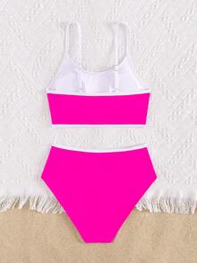 SHEIN Tween Girl Summer Beach Hot Pink Contrast Binding Bikini Set - Hot Pink - View 2