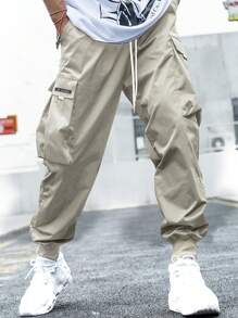 Manfinity Hypemode Loose Fit Men's Letter Graphic Cargo Pants With Flap Pockets And Drawstring Waist - Apricot - View 3