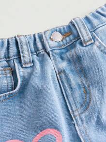 SHEIN Young Girl Distressed Straight Leg Jeans In Washed Blue, Y2K Pink Heart Print - Light Wash - View 4