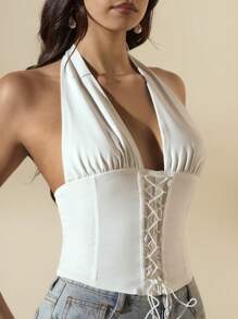 SHEIN BAE Sommer Frauen Fischgrät Elegantes weißes Tanktop im französischen Stil mit Trägern