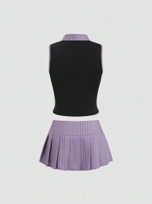 SHEIN Unity Sommerliche Lässig 2 Stücke Set bestehend aus Farbe-Block Streifenweste und plissierten Minirock - Grau - Übersicht 2