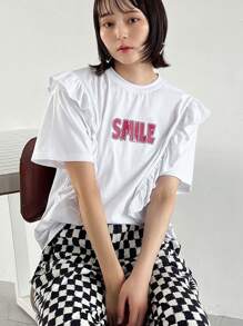 FRIFUL Ladies' Summer Round Neck Short Sleeve T-Shirt With Frill Edging And Letter Print,Ruffle Cute Tops,Graphic Tees