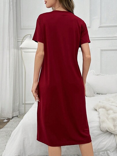 Letter Print Short Sleeve Shirt Long Pajama Night Dress, Moo Sleep Dress view 2