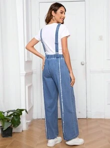 SHEIN Maternity Casual Fringed Denim Overalls, Spring/Summer Jumpsuit