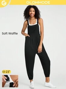 GLOWMODE 23" Waffle-Knit Soft Adjustable Straps Multi Pockets V-Shaped Waistline Cozy Jogger Overalls Daily Casual - Black - View 1