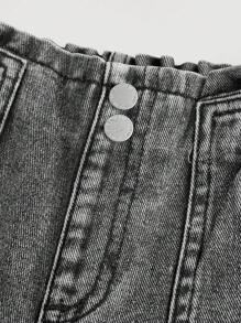 SHEIN 少女新款假期向日葵蕾絲彈性腰帶舒適柔軟寬鬆休閒時尚牛仔褲，水洗 - 黑色 - 查看 4