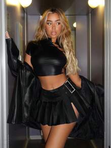 SHEIN ICON Y2k 黑色 90 年代低腰带扣褶边半身裙